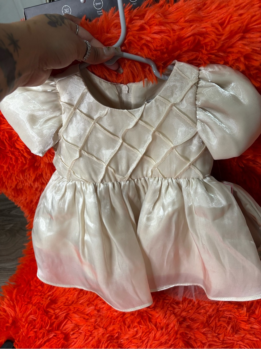 Rare Editions Cream Satin Infant Dress with Rosette Detail